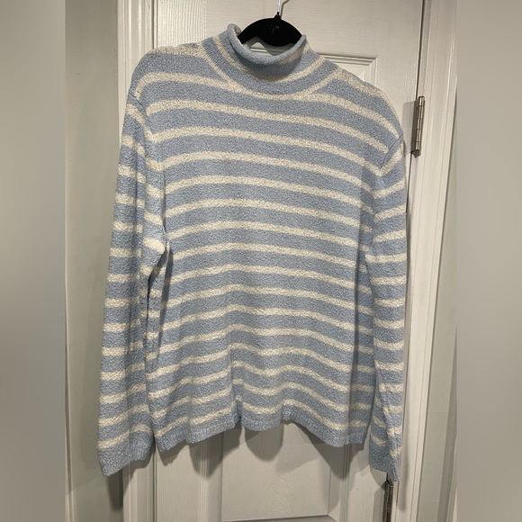 J. Crew Size L Baby Blue Cream Stripe Mock Neck Long Sleeve Pullover Sweater - Picture 1 of 11